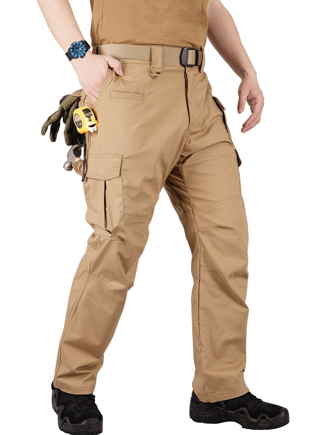 Work Pants for Men Stretch Ripstop Cargo Pants Lightweight Water Resistant Outdoors Pants with 8 Pockets( No Belt )