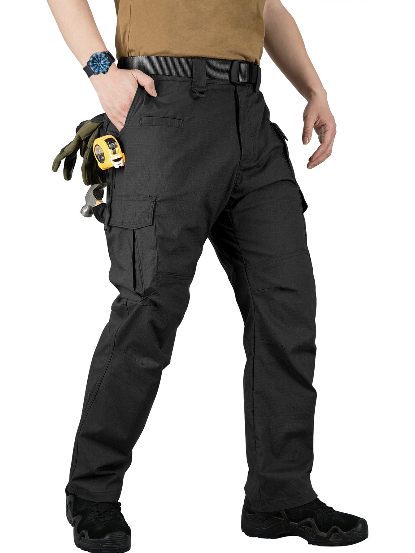 Work Pants for Men Stretch Ripstop Cargo Pants Lightweight Water Resistant Outdoors Pants with 8 Pockets( No Belt )
