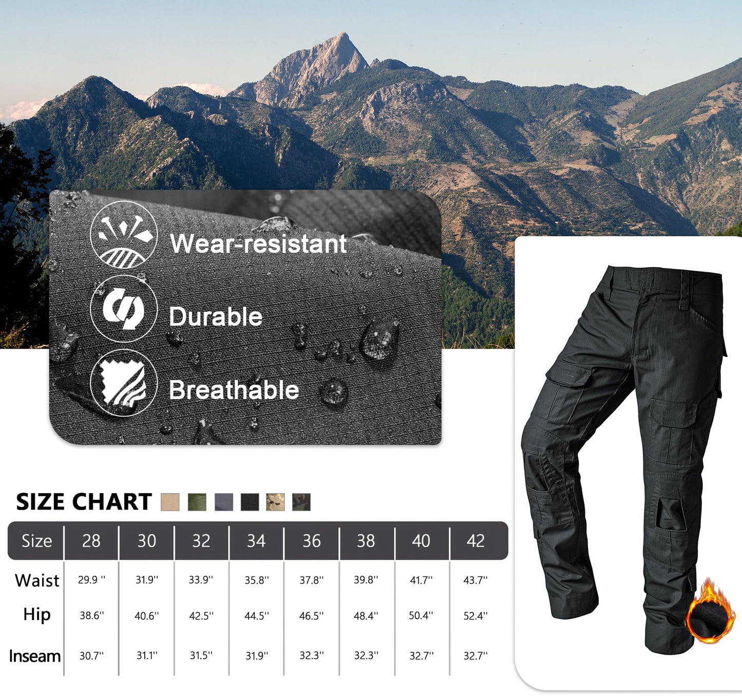 TRGPSG Men's Fleece Lined Outdoors Cargo Pants Waterproof Hiking Pants Casual Thermal Cargo Pants Winter Insulated Work Pants