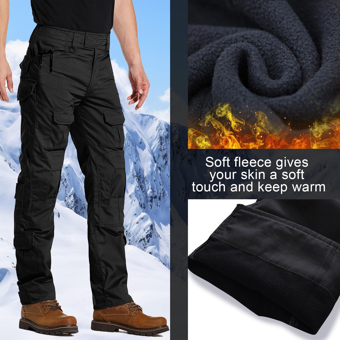 TRGPSG Men's Fleece Lined Outdoors Cargo Pants Waterproof Hiking Pants Casual Thermal Cargo Pants Winter Insulated Work Pants