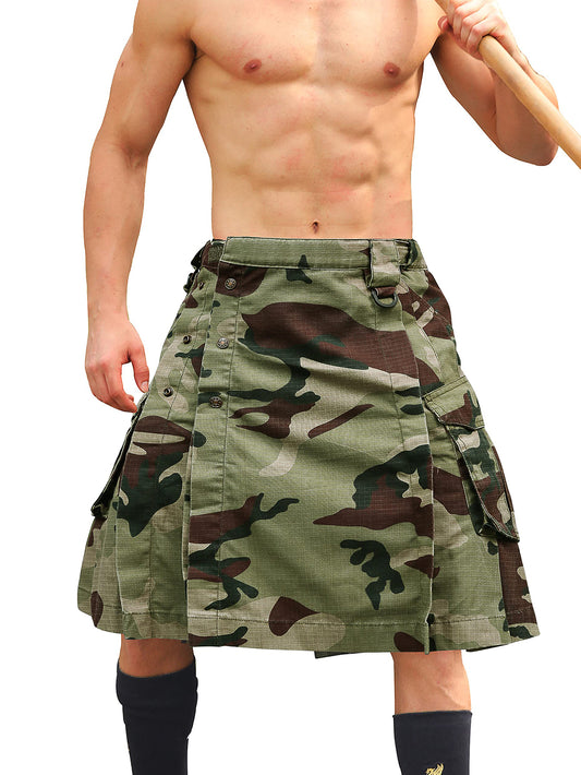 TRGPSG Men's Kilt Camo Scottish Utility Kilt, 25" Pleated Tactical Kilt, Irish Highland Hybrid Kilts with Pockets