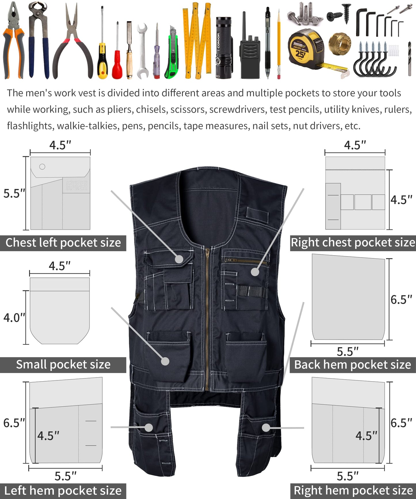 TRGPSG Men's Utility Vest with Multiple Pockets Tool Workwear
