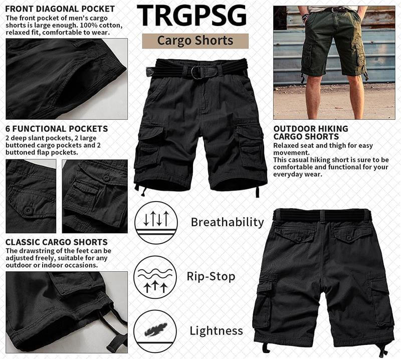 TRGPSG Cargo Shorts for Men Cotton Work Casual Shorts with Pockets(No Belt)