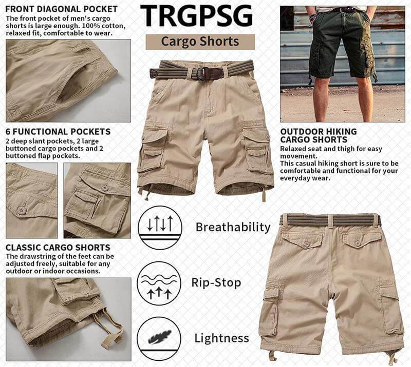 TRGPSG Cargo Shorts for Men Cotton Work Casual Shorts with Pockets(No Belt)