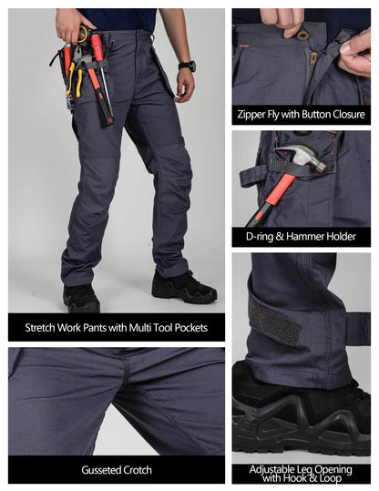 TRGPSG Men's Work Pants with 13 Pockets, Stretch Water-Resistant Heavy Duty Cargo Pants, Utility Operator Pants with Nylon Reinforced Knees