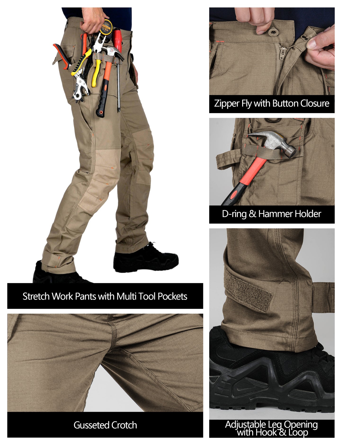 TRGPSG Men's Work Pants with 13 Pockets, Stretch Water-Resistant Heavy Duty Cargo Pants, Utility Operator Pants with Nylon Reinforced Knees
