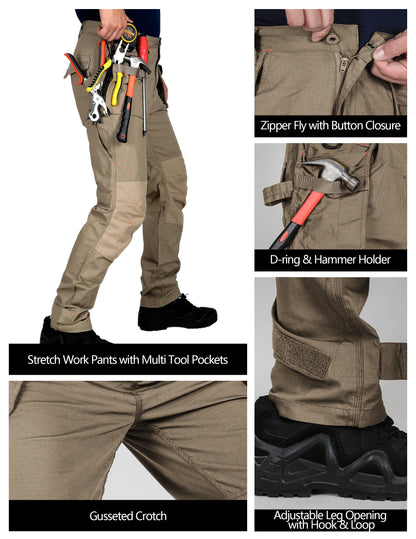 TRGPSG Men's Work Pants with 13 Pockets, Stretch Water-Resistant Heavy Duty Cargo Pants, Utility Operator Pants with Nylon Reinforced Knees