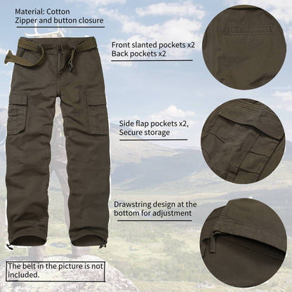 TRGPSG Cotton Men's Cargo Pants With 6 Pockets Classical Regular Casual Hiking Work Pants(No Belts)