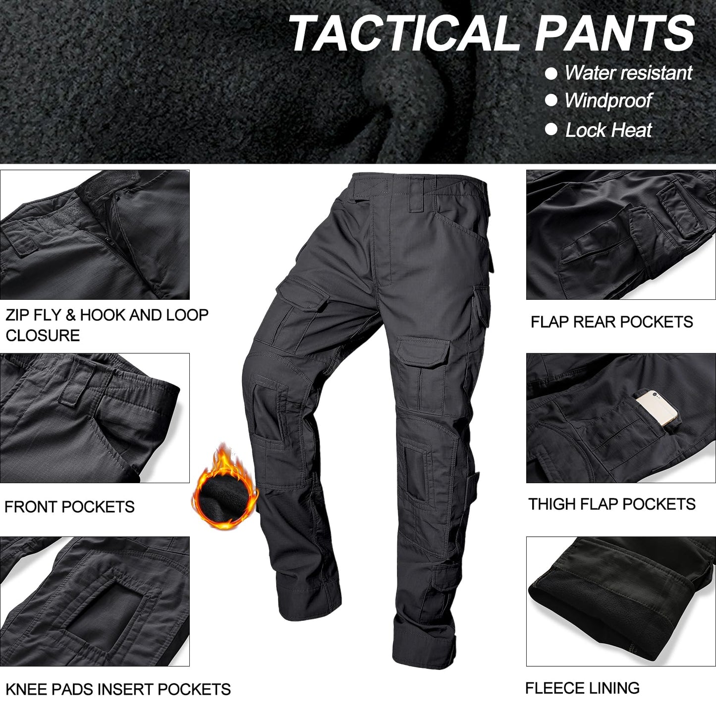 TRGPSG Men's Fleece Lined Outdoors Cargo Pants Waterproof Hiking Pants Casual Thermal Cargo Pants Winter Insulated Work Pants