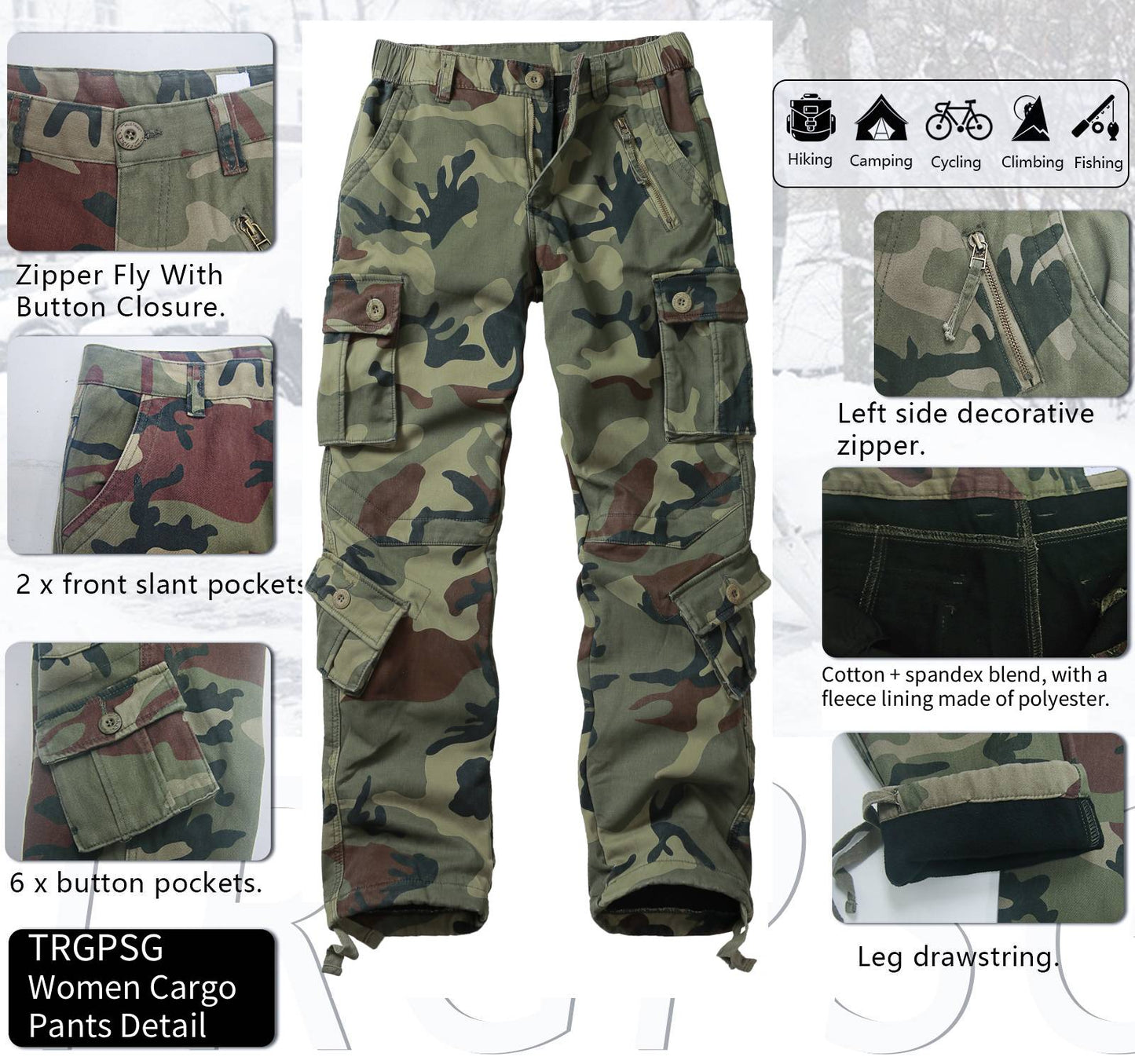 TRGPSG Women's Fleece Linded Cargo Hiking Pants With Multiple Pockets Outdoor Winter Snow Ski Insulated-Pants