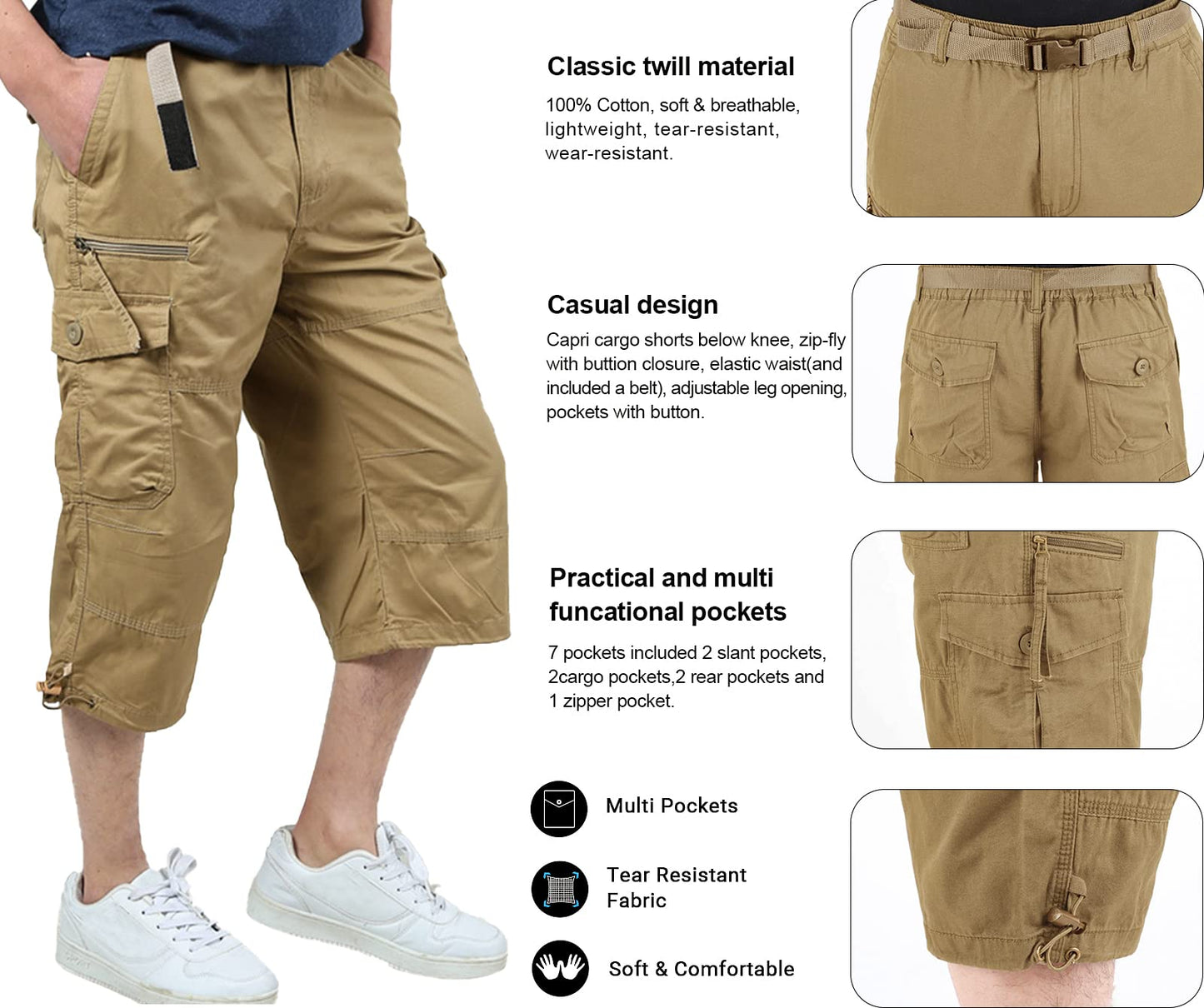 Men's Capri Pants Twill Elastic Below Knee Cargo Shorts with 7 Pockets 3/4 Capri Long Shorts