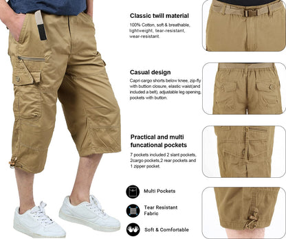 Men's Capri Pants Twill Elastic Below Knee Cargo Shorts with 7 Pockets 3/4 Capri Long Shorts