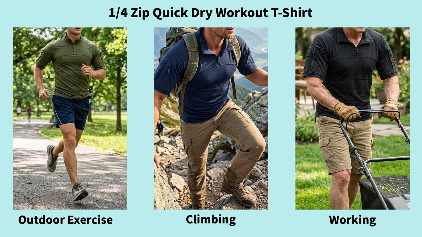 TRGPSG Short Sleeve Work Hiking Shirt for Men, 1/4 Zip Quick Dry Workout Gym T-Shirt with Zipper Pockets