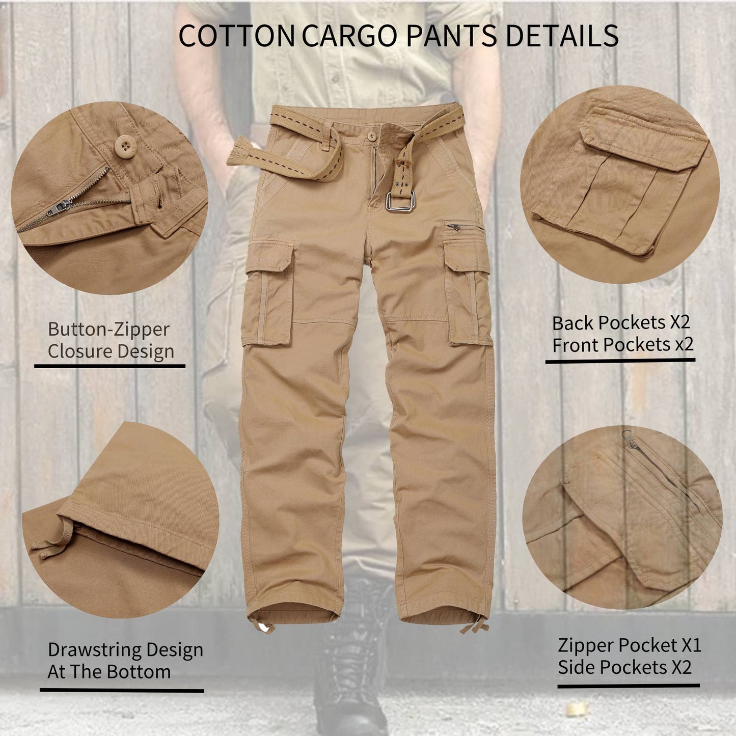 TRGPSG Cotton Comfort Cargo Pants For Men With 7 Pockets,Casual Relaxed Fit Work Pants(No Belts)