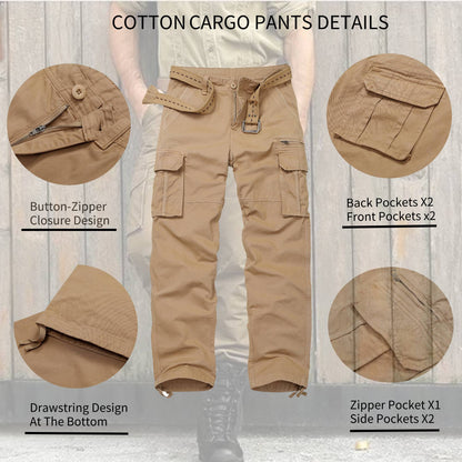 TRGPSG Cotton Comfort Cargo Pants For Men With 7 Pockets,Casual Relaxed Fit Work Pants(No Belts)