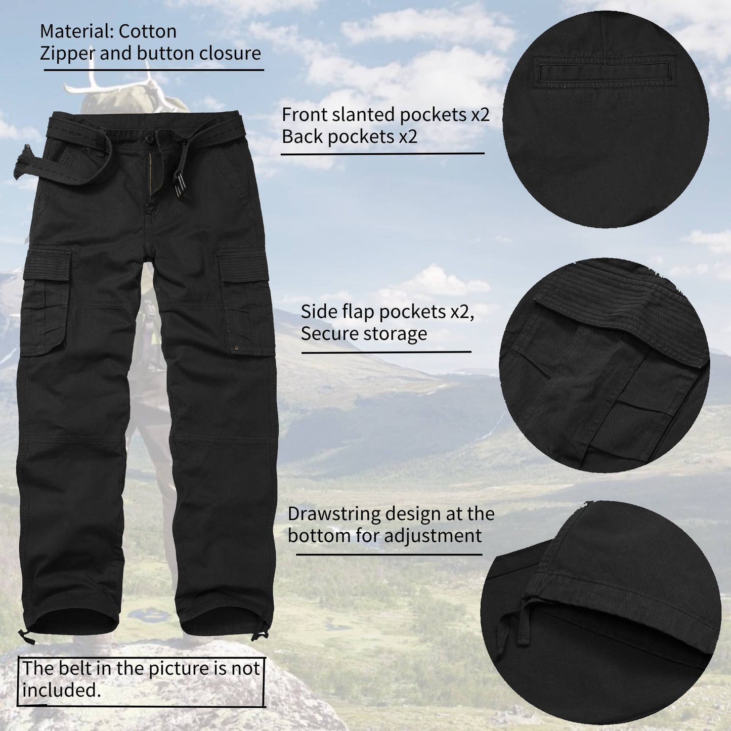 TRGPSG Cotton Men's Cargo Pants With 6 Pockets Classical Regular Casual Hiking Work Pants(No Belts)