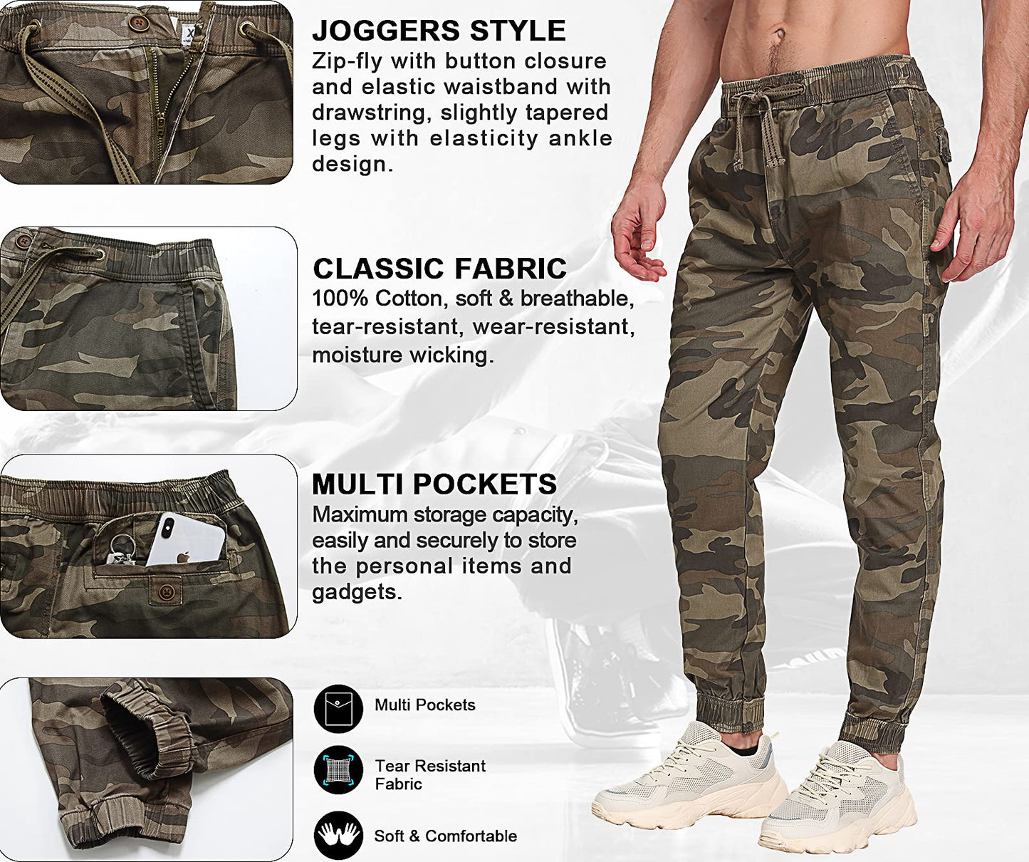 TRGPSG Men’s Joggers Pants Elastic Waist Camo Cargo Athletic Pants with Drawstring