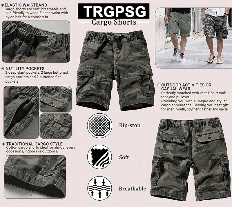 TRGPSG Men's Cotton Casual Multi Pocket Outdoor Camouflage Shorts Twill Camo Cargo Shorts