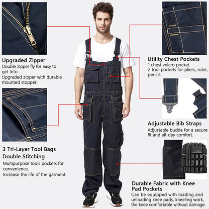 TRGPSG Men's Bib Overall, Work Denim Jumpsuit, Zip-Front Coverall Workwear, Construction Pants with Multi Pockets