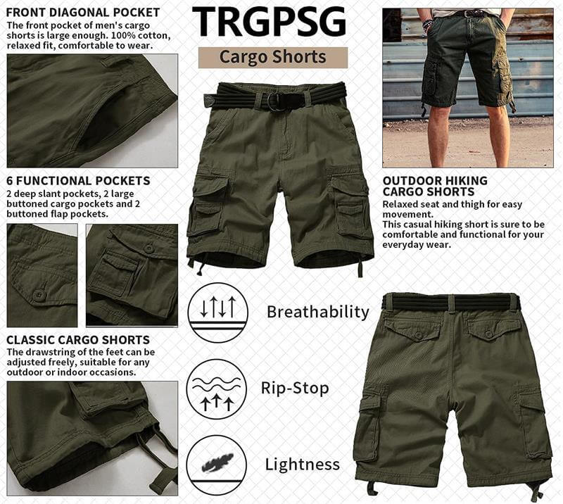 TRGPSG Cargo Shorts for Men Cotton Work Casual Shorts with Pockets（No Belt）