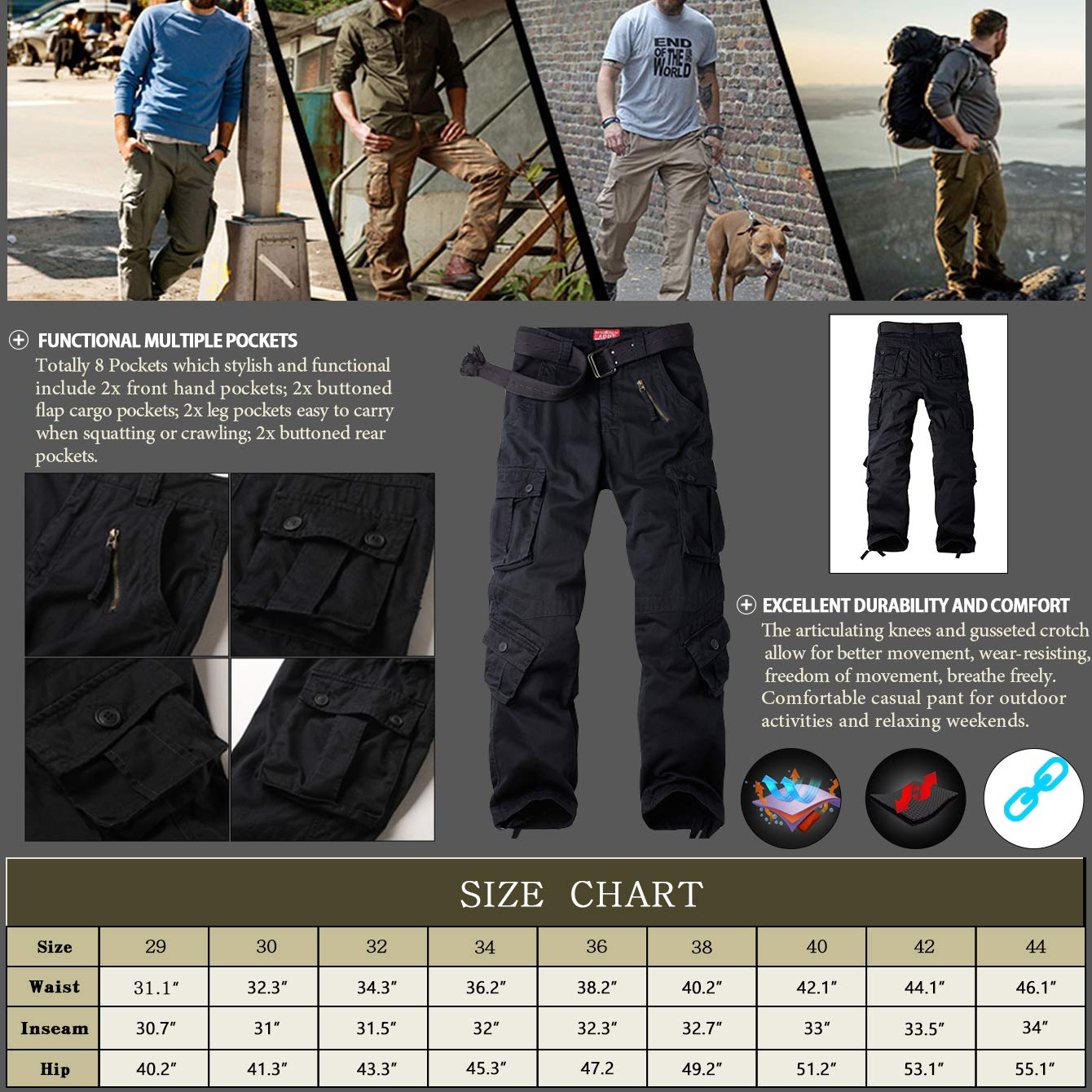 TRGPSG Casual Camo Cargo Pants Multi Pocket Work Pants(No Belts)